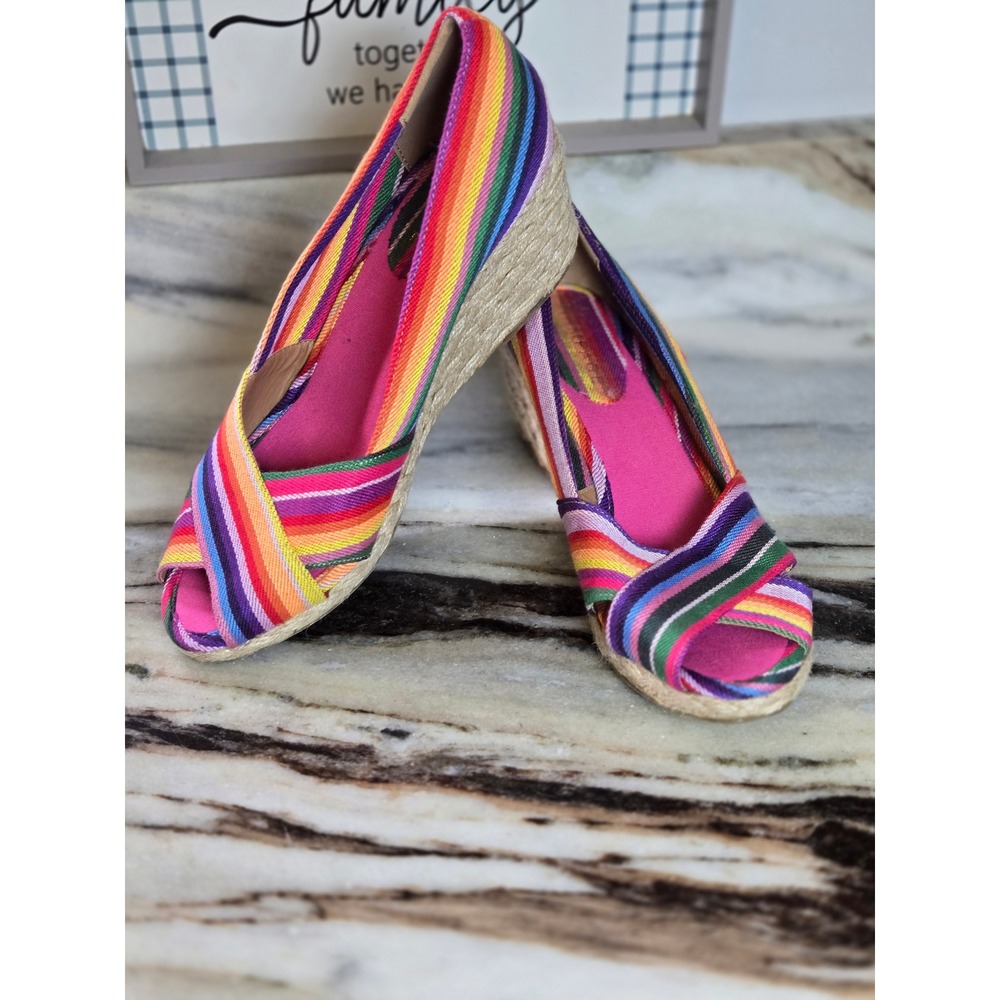 Rampage Rainbow Striped Espadrille Wedge Sandals Peep Toe Canvas Platform Heel